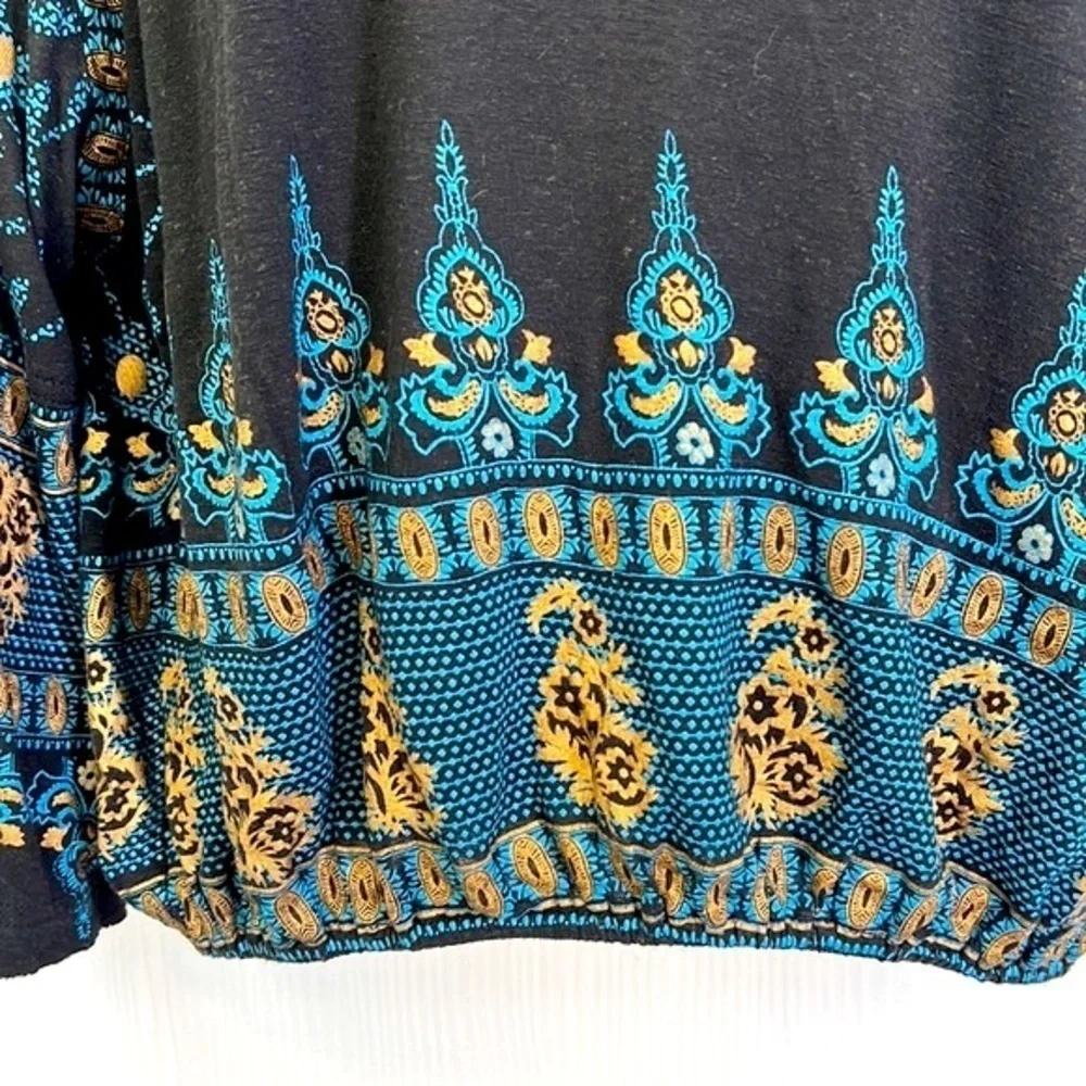 Free People - Black And Gold Medallion Peasant Boho Blouse Size XS